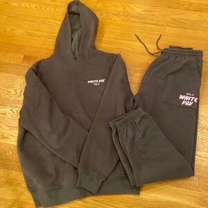 Dark Gray White Fox Hooded Sweatshirt and Sweatpants with Pink Lettering